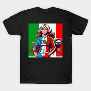 Italian Italia 70s Female Race Car Driver with Sloth Italy Italia T-Shirt